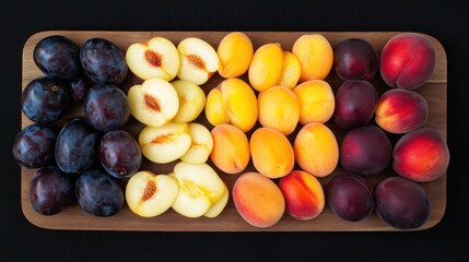 A beautifully arranged platter of sliced peaches, nectarines, and plums on a wooden board,