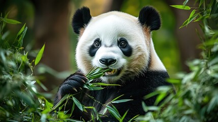 Obraz premium A Giant Panda Is Eating Green Bamboo Leaves Peacefully