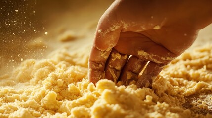 A hand delicately pressing into a mound of floury dough