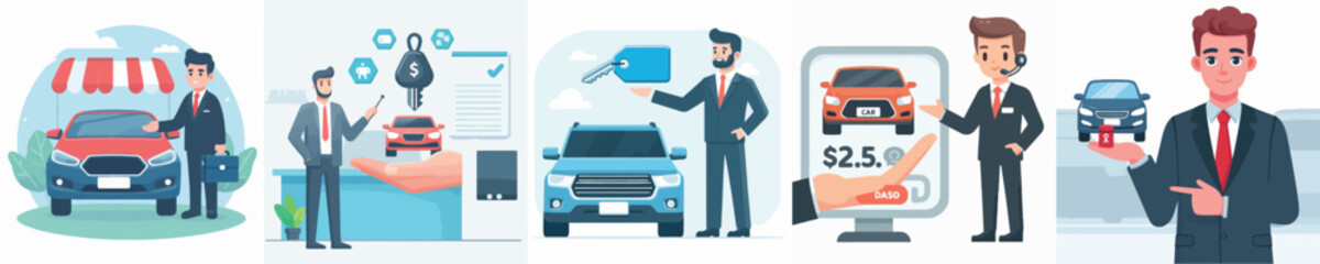 Vector of a car salesperson offering a product.