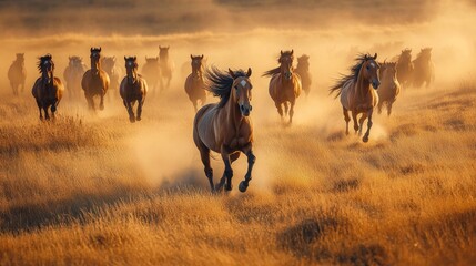 A herd of wild horses running through a golden field
