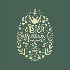 Happy Easter typography with Easter clip art. Minimalist aesthetics Easter design with playful text in festive decorated egg shape. Vintage minimal style. 