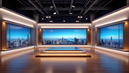 Obraz premium Room Studio, Backdrop For TV Shows .TV On Wall.3D Virtual News Studio Background, 3d illustration