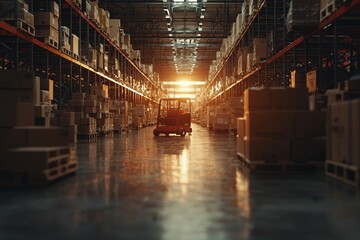 Fototapeta premium Cardboard boxes fill the warehouse that robots navigate through as part of their daytime operations