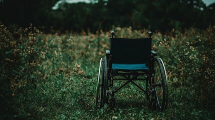 Fototapeta premium On a sunny day, an empty blue wheelchair placed on the green grass embodies the principles of accessibility, independence, and mobility that individuals with disabilities deserve in outdoor