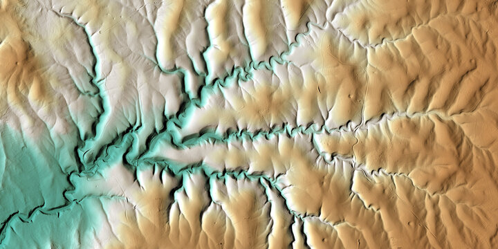 Concept de fond g&eacute;ographique - Donn&eacute;es lidar HD - Vue a&eacute;rienne de la topographie d'un territoire - Rendu 2d mod&egrave;le num&eacute;rique de terrain et nuage de points Lidar HD
