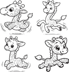 Charming Cartoon Giraffe Silhouettes - Black and White Illustrations