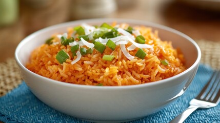 delicious orange rice with coconut and green onions