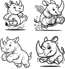 Charming Cartoon Baby Rhinoceros Silhouettes - Black and White Illustrations