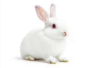 White rabbit sitting calmly against a plain white background