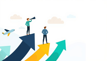 Fototapeta premium Business professionals strategizing growth on upward arrows, teamwork concept