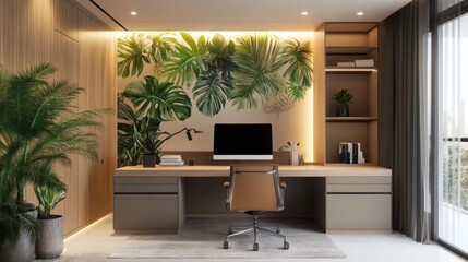 A modern workspace with a monstera-themed accent wall,