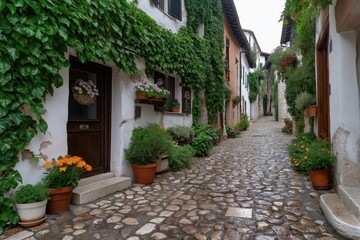 Fototapeta premium Charming Italian cobblestone street with vibrant flowers and ivy-covered walls creates a picturesque scene