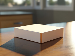 Minimalist box on wooden table home office product photography bright environment close-up modern design