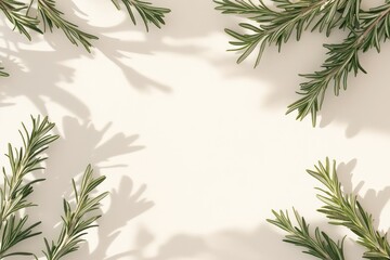 Naklejka premium Rosemary Sprigs Frame for Sunlight Shadows, White Background.