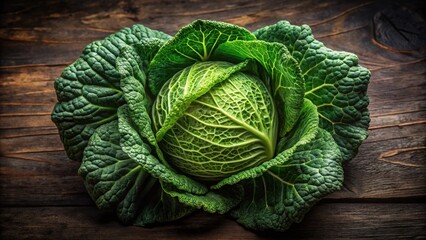 Fototapeta premium A vibrant savoy cabbage, showcasing its intricate leaf structure and rich green hue, rests on a rustic wooden surface.