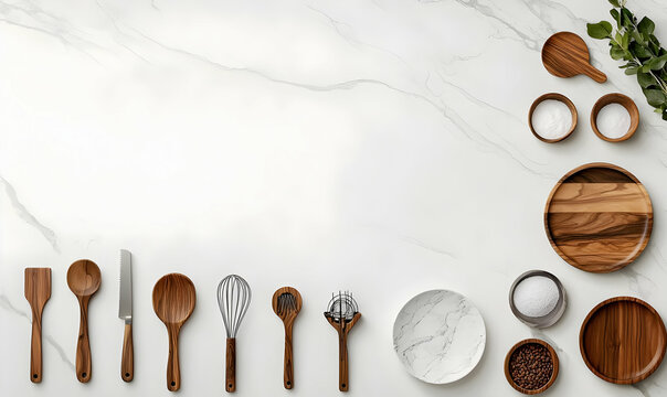 Wooden Kitchen Utensils on Marble Background for Cooking and Baking