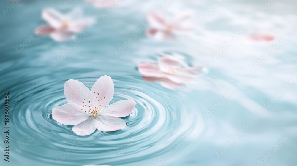 Poster calm water adorned with pastel petals creates a serene atmosphere in natures gentle embrace generati