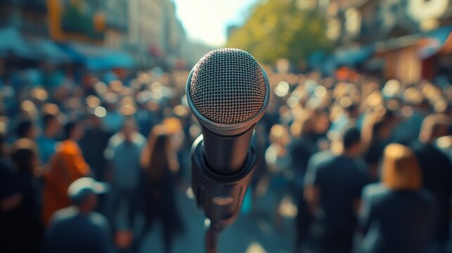 Crowd gathers to listen as a microphone stands ready for a speaker at a public event in the city
