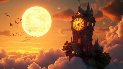 Enchanting clock tower amidst clouds bathed in warm sunset and full moon glow