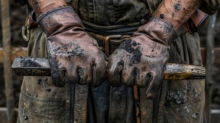 Miner with Calloused Hands Gripping Sturdy Pickaxe and Coal Dust