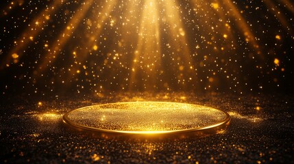 Bright golden spotlight shines down on a shimmering round surface covered in glittering particles during a festive occasion