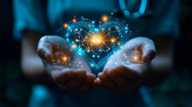 Heart-shaped digital art representing care and compassion held in hands of a healthcare professional at night