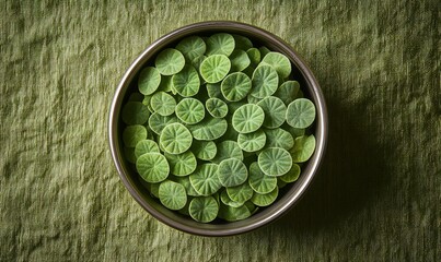 Green Algae in Bowl on Textured Cloth