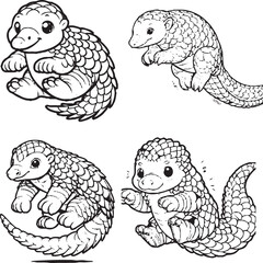 Charming Cartoon Pangolin Silhouettes - Black and White Avian Illustrations