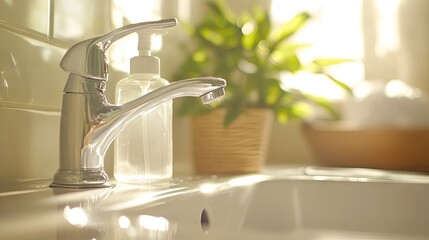 A pump bottle of antibacterial soap next to a clean sink.
