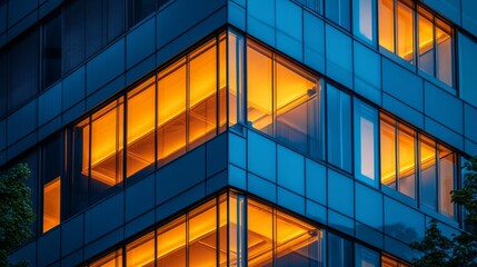 Modern office building illuminated at night with glowing orange lights in large windows