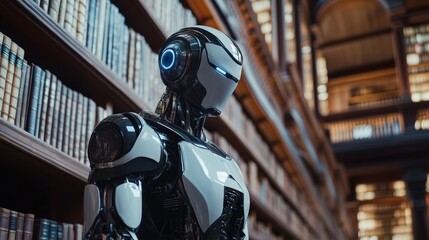 Fototapeta premium Robot stands in an old library filled with books while exploring knowledge and technology in a futuristic context