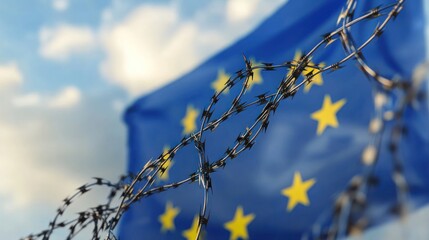 EU Flag for Barbed Wire, Border Crisis.