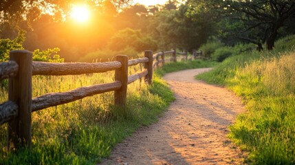 Fototapeta premium Serene pathway illuminated by sunset in a green park surrounded by trees