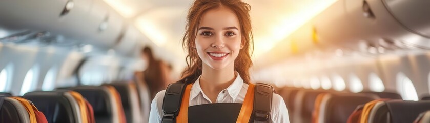 Fototapeta premium Smiling Flight Attendant in Airplane Aisle with Warm Lighting