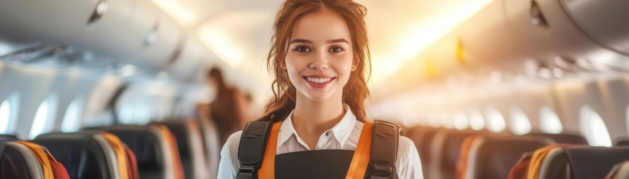Smiling Flight Attendant in Airplane Aisle with Warm Lighting