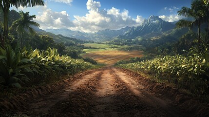 Sunlit Tropical Valley Landscape With Dirt Road