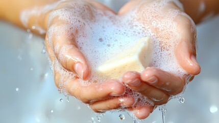Fototapeta premium Close-up of hands being washed with soap under running warm water.