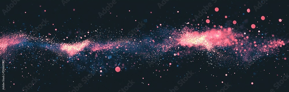 Poster a stream of particles is set against a rich purple backdrop filled with numerous glowing particles, 