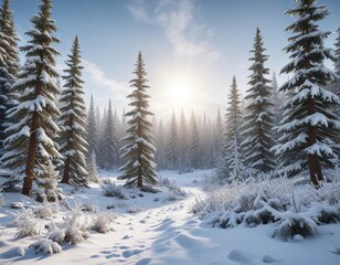 Fototapeta premium Snow-covered conifer forest in a winter wonderland, coniferous, frosty woodlands, snow-kissed trees, wintertide, winter wonderland