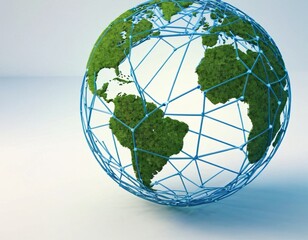 Stylized digital globe logo, featuring interconnected lines and dots to symbolize global connectivity and advanced technology, in cybernetic blue and digital green colors, white background
