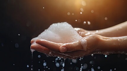 Fototapeta premium The texture of foamy soap on the surface of wet hands.