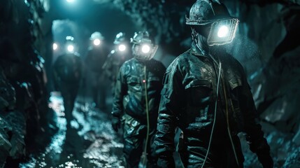 Fototapeta premium Miners Walking Through Dark Tunnel with Glowing Headlamps