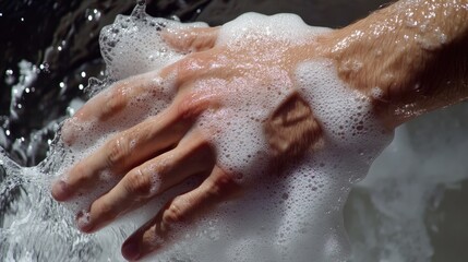 Fototapeta premium Water running over hands as excess soap is rinsed away.