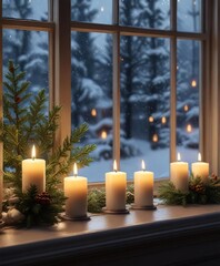Snowflake-adorned windowsill with candles and evergreen, snowflake adorned windowsill, candles, festive colors