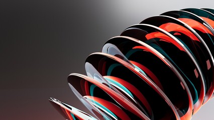 Colorful futuristic 3D illustration with mirrored glass or metal ellipses floating in a semicircle arc along a line on a gradient background. Unusual conceptual object for background