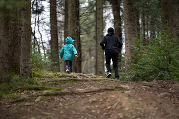 Obraz premium Children explore a serene forest trail while running and enjoying nature's beauty on a crisp afternoon amidst tall trees and vibrant greenery