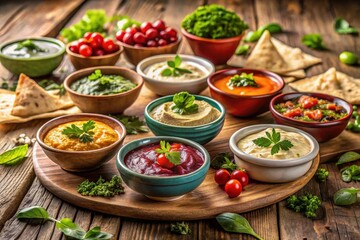 A delectable array of vibrant dips and flavorful flatbreads arranged on a rustic wooden board