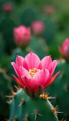 Fototapeta premium Delicate pink prickly pear flower against green pad, Southwest, scenic, vibrant