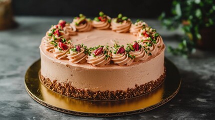 Delicious frosted cake decorated with nuts and decorative floral elements